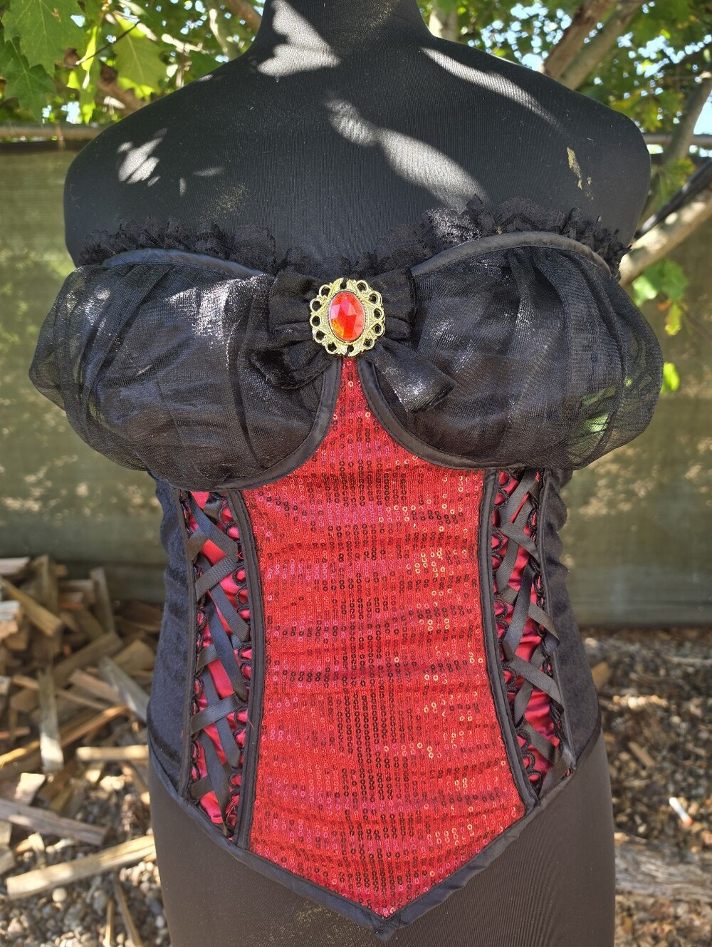 Gothic Romantic Vampy Red Black Lace Trim Overbust Corset Bodice Top Whimsigoth